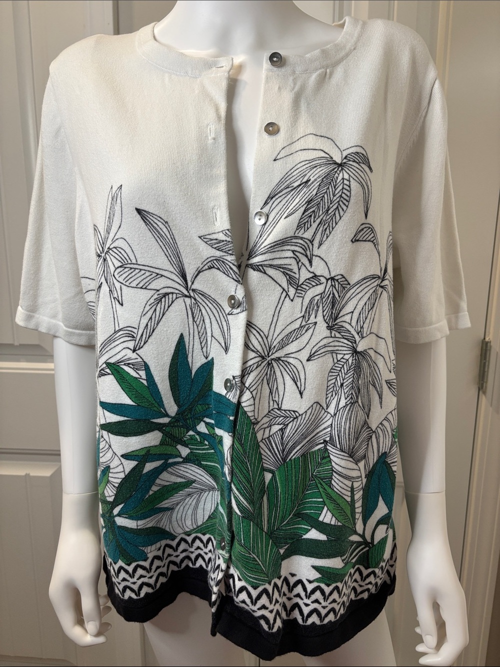 CJ Banks White Short-Sleeve Cardigan with Green Leaf Print